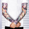 A person wearing a white shirt displays full arm sleeves featuring detailed tattoos of a bearded man.
