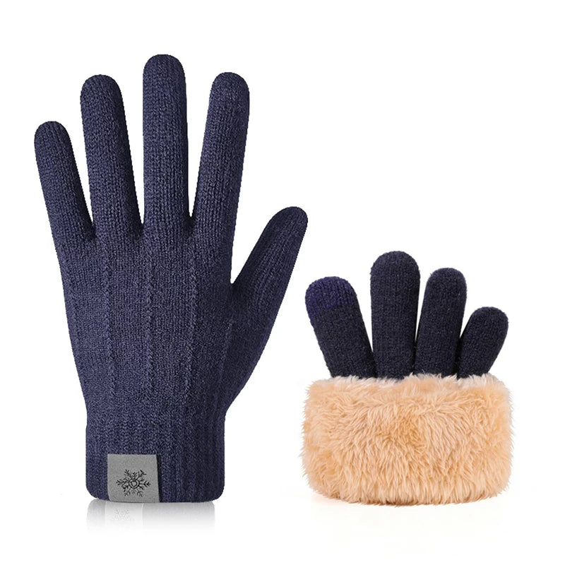 A pair of navy blue thermal knit gloves with a light tan faux fur cuff.