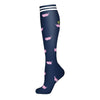 Navy compression socks with pink pig designs and white stripes