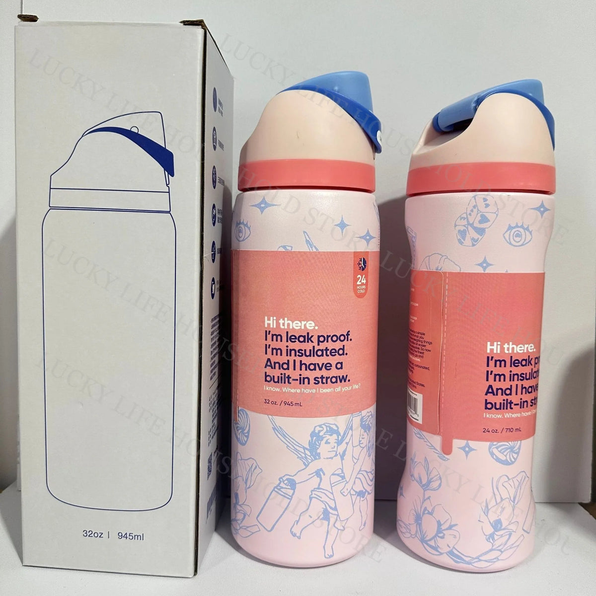 A pink insulated sports water bottle with a blue cap is shown next to its packaging box.