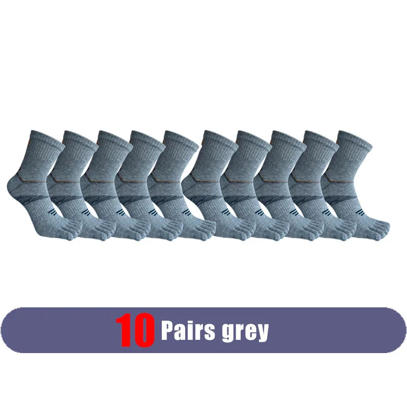 A pack of ten pairs of grey men's sport compression socks laid out in a row.