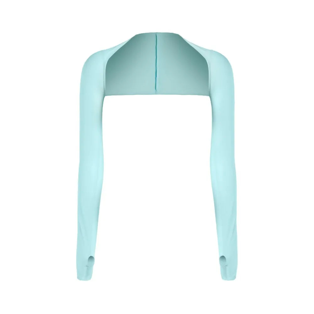 Light blue ice silk sun protection arm sleeves displayed flat