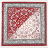 A square red and white patterned satin scarf featuring intricate paisley designs for hijab or hair