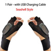 A pair of black Seashell style tactical gloves with USB charging cables shown on hands.
