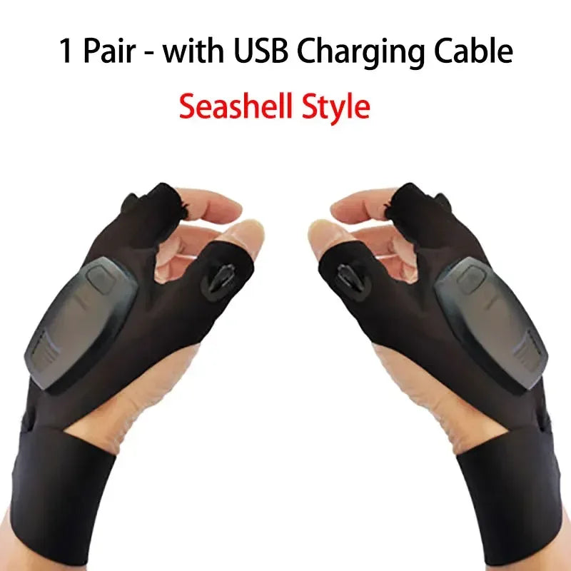 A pair of black Seashell style tactical gloves with USB charging cables shown on hands.