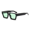 Black retro square frame sunglasses with green tinted lenses