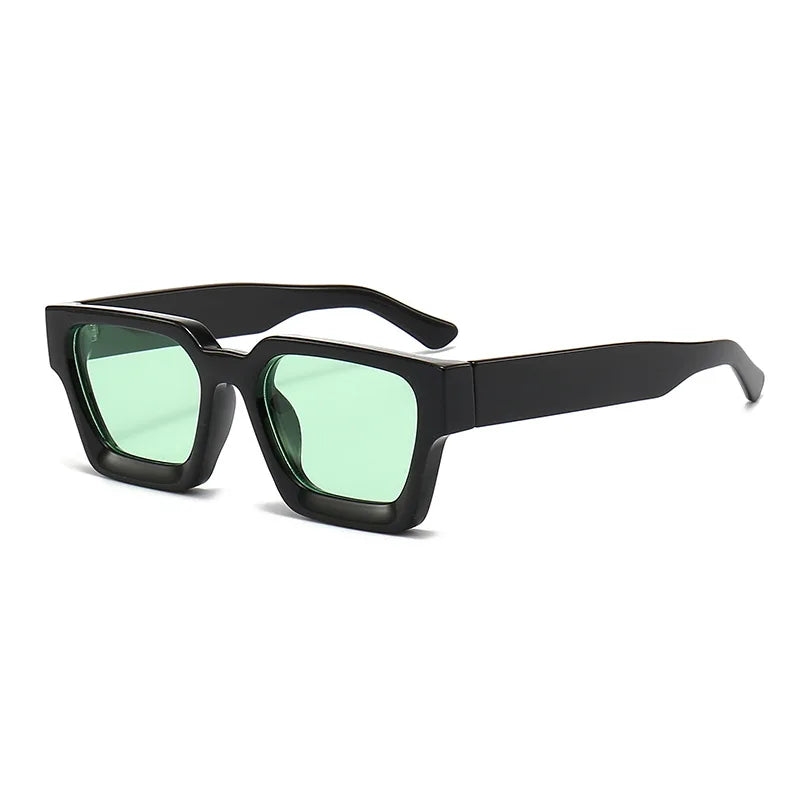 Black retro square frame sunglasses with green tinted lenses