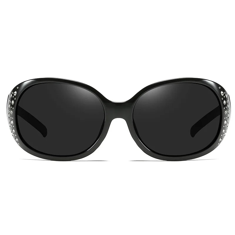 Black polarized sunglasses with diamond-inlaid detailing for women