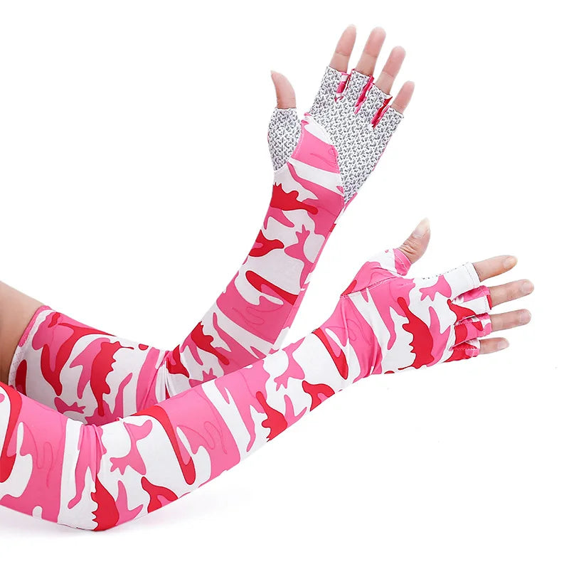 A pair of long-sleeved arm and hand protection sleeves featuring a camouflage pattern in pink and red.
