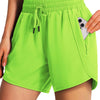Lime green women's quick-dry sports running shorts with a drawstring waist