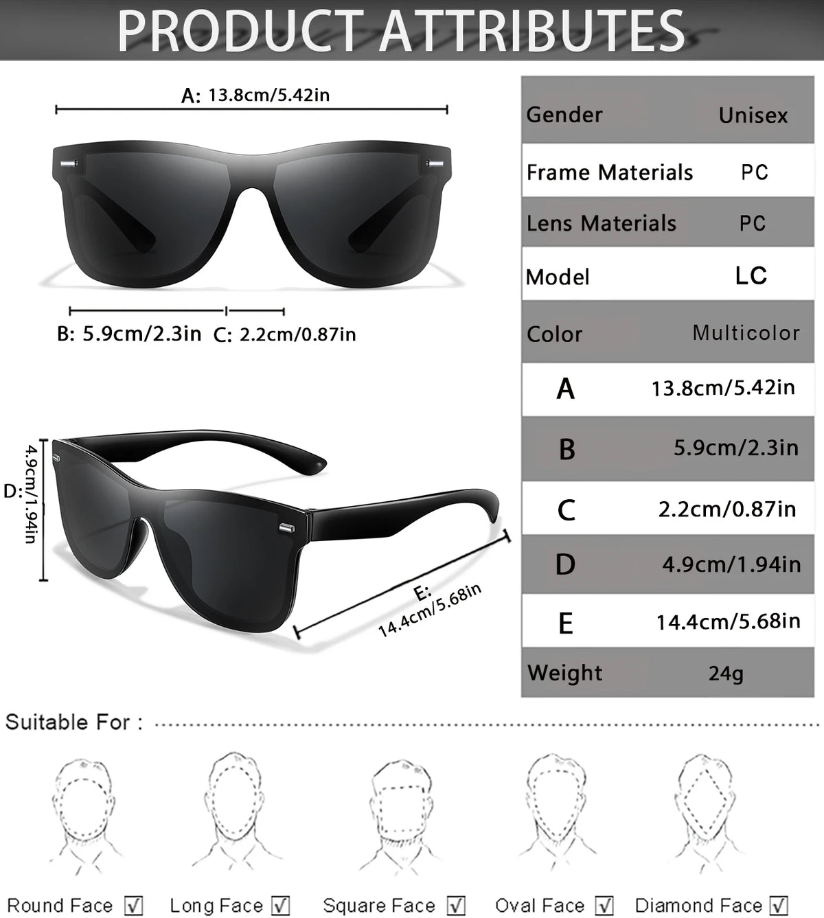 A set of black frameless sunglasses with various lens and frame sizes and suitable face shapes