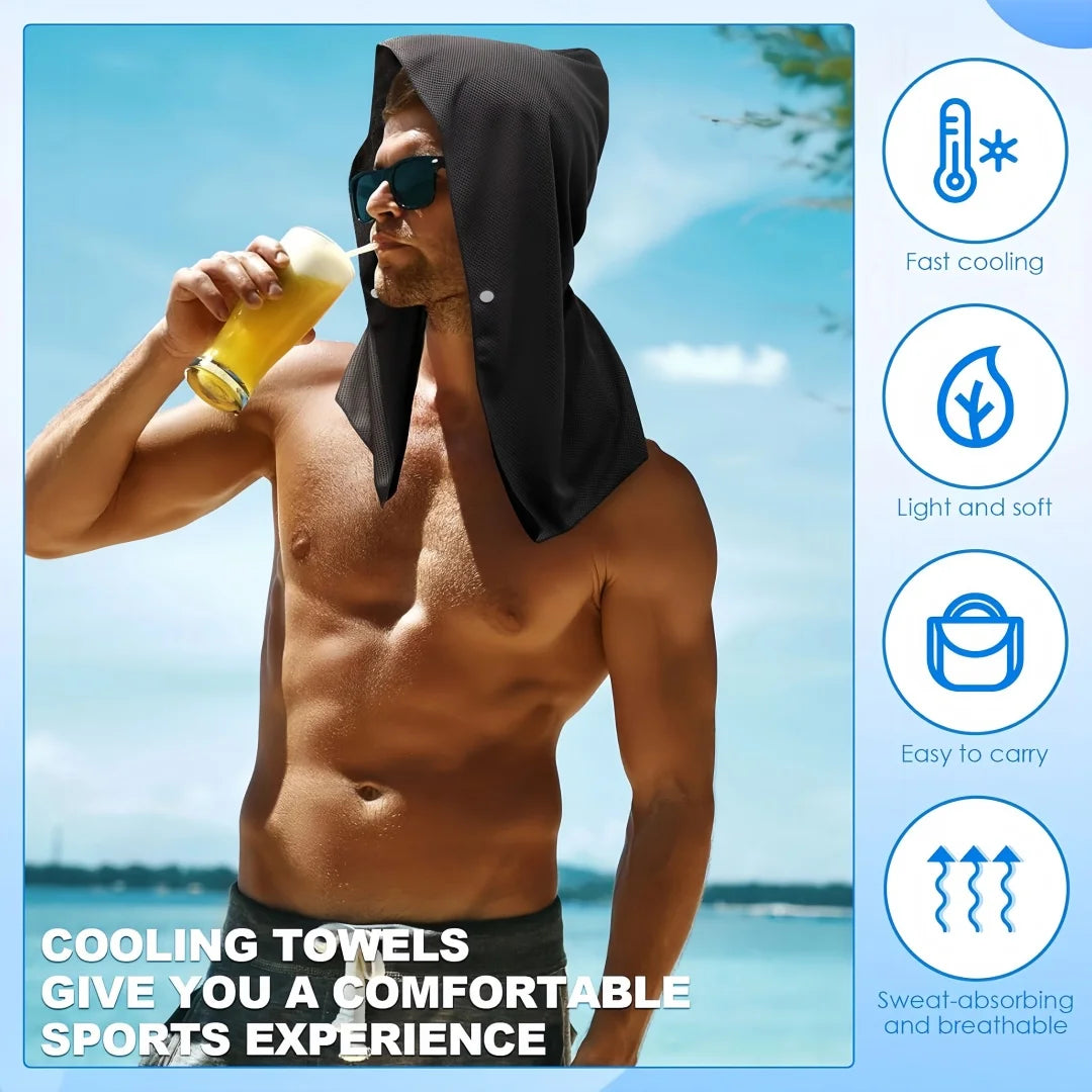 A muscular man wearing a black cooling towel headscarf while holding a glass of juice outdoors.
