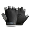 A pair of black breathable anti-slip gym workout gloves shown from above.