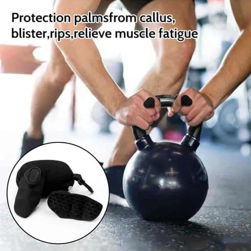 A person is using silicone gym and weightlifting grip gloves to protect palms during exercise.