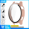 A close-up view of a rose gold tempered glass and hard PC case for a Huawei Watch GT 6 with quality indicators.