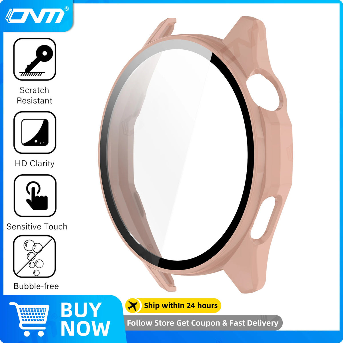 A close-up view of a rose gold tempered glass and hard PC case for a Huawei Watch GT 6 with quality indicators.
