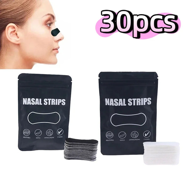 A package of 30 pairs of nasal strips for sleep improvement, shown next to a woman's face.