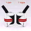 A pair of black and white heavy duty wrist wraps shown in two views.