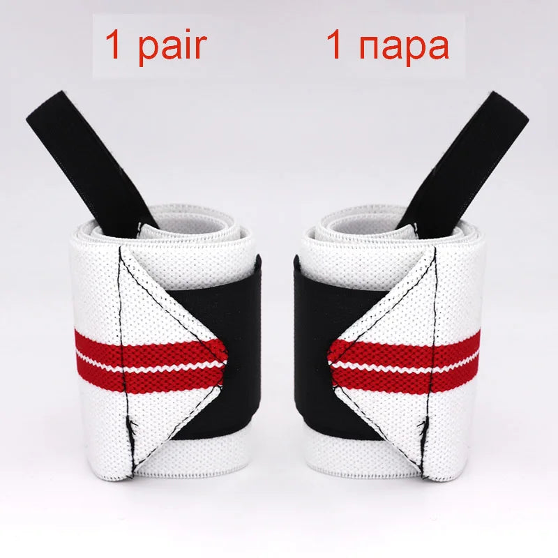 A pair of black and white heavy duty wrist wraps shown in two views.
