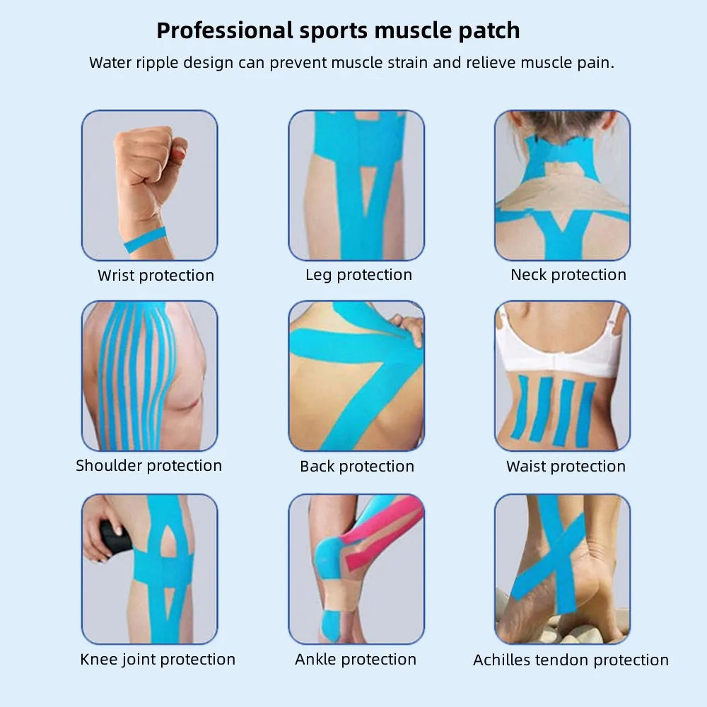 A collection of professional sports muscle patches showing various protection designs for wrist, leg, neck, shoulder, back, w