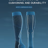 A pair of blue compression socks designed for sports, showing the leg and calf area.