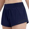Navy blue women's high-waisted running shorts shown on a model.