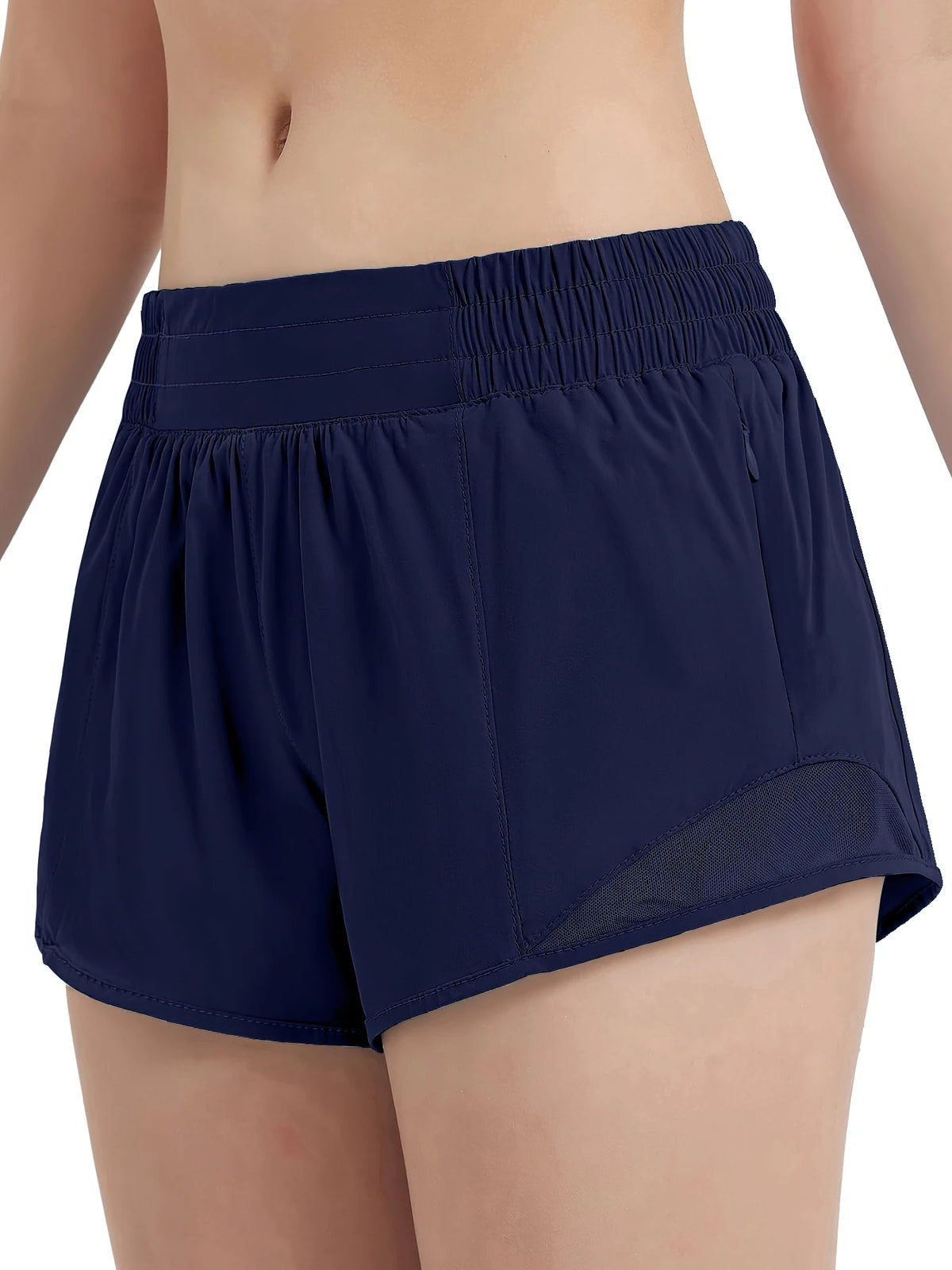 Navy blue women's high-waisted running shorts shown on a model.