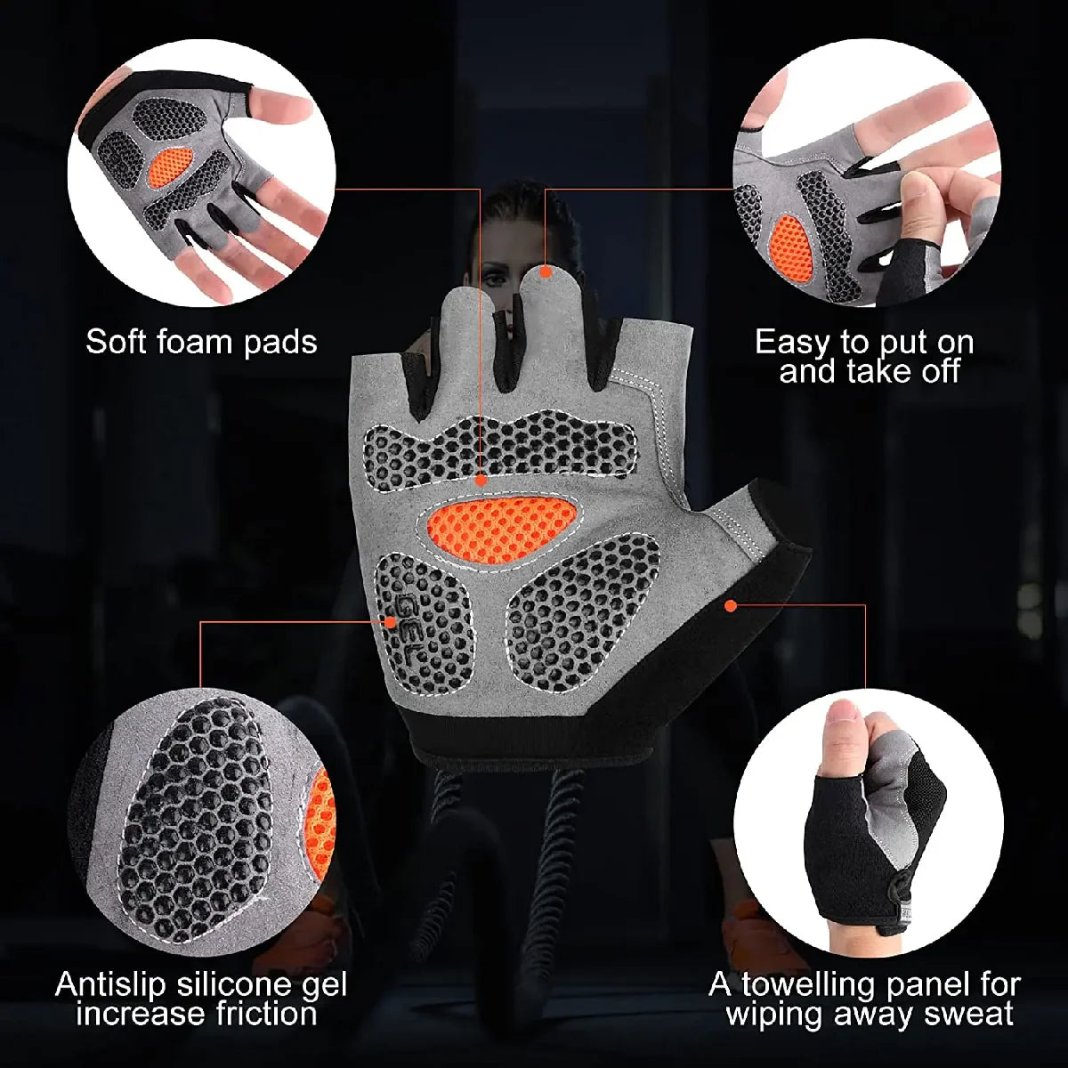 A set of breathable anti-slip gym workout gloves showing features like soft foam pads and a towelling panel.