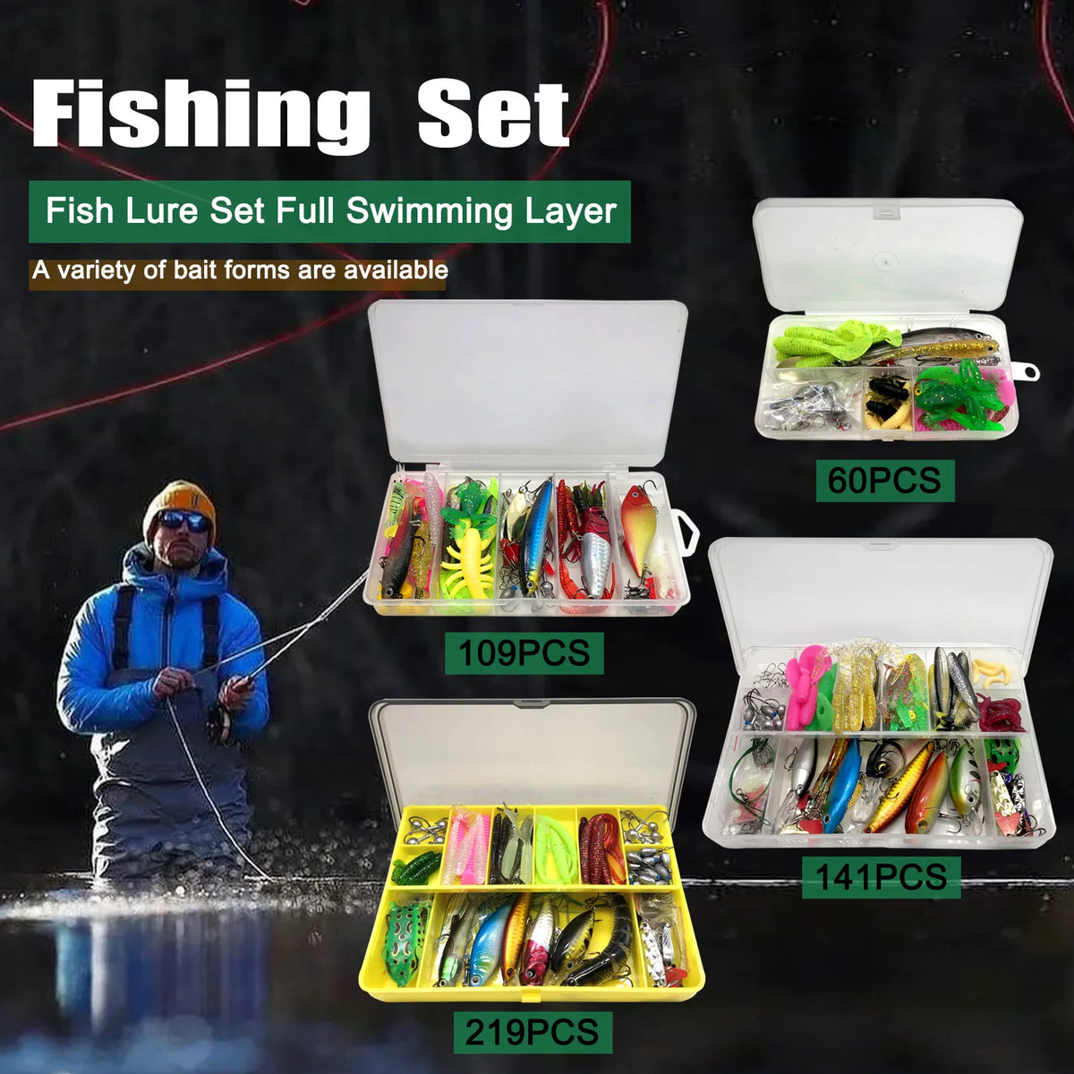 A fishing set featuring various bait forms and lures packaged in multiple boxes.