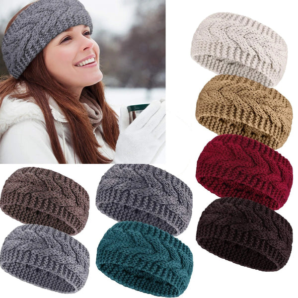 A collection of knitted winter headbands in various shades including gray, beige, brown, maroon, and dark colors.