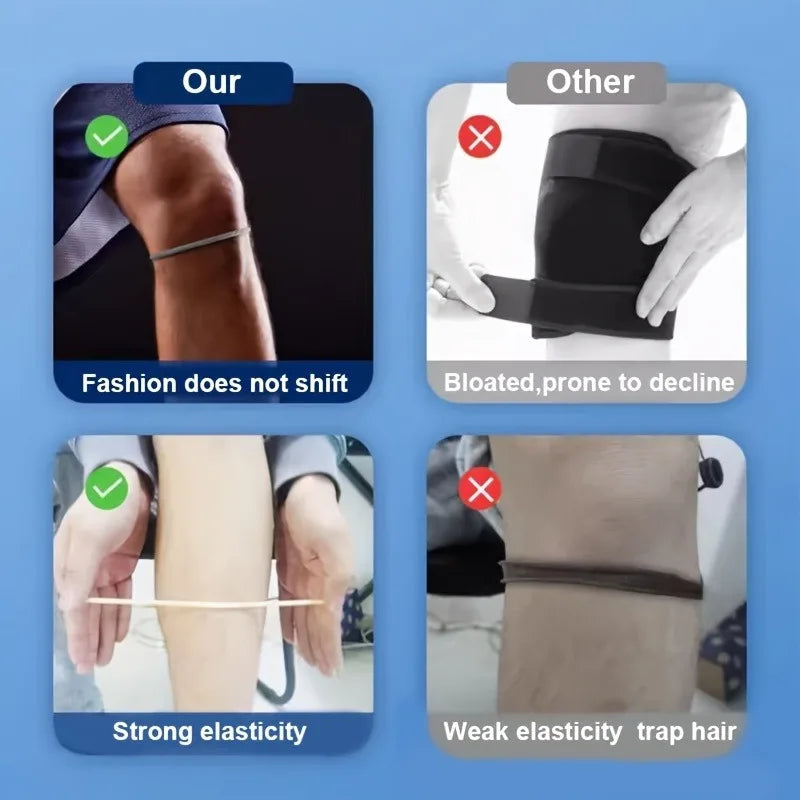 Comparison of a knee brace strap showing strong elasticity and fashion stability versus another product prone to decline.