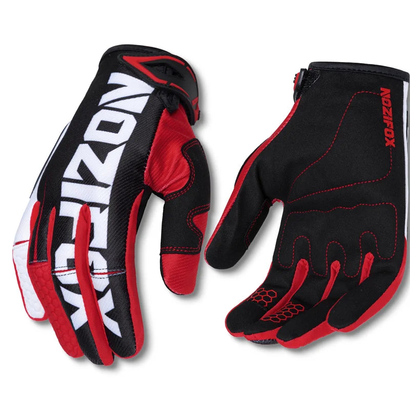A pair of black and red Motocross and off-road cycling gloves shown against a white background.