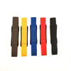 Five colored gym lifting straps or wrist supports displayed vertically in a row.