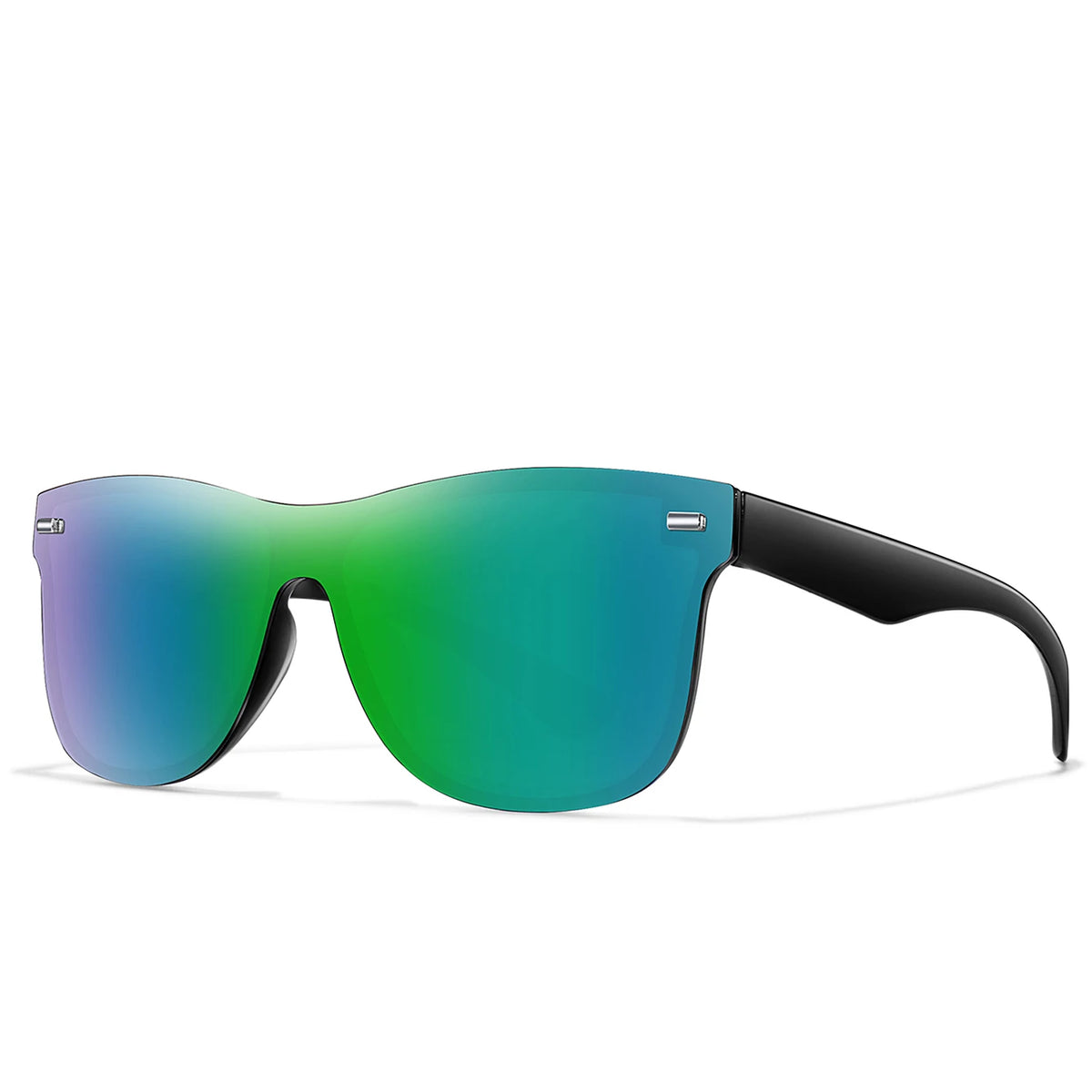 A pair of frameless sunglasses with green-to-blue gradient lenses and black frames.