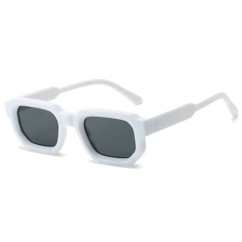White rectangular sunglasses with dark gray lenses and white frames