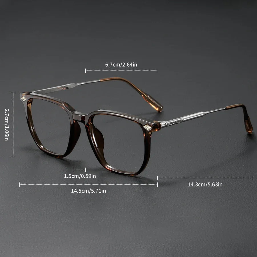 A pair of brown-framed retro anti-blue light glasses shown on a dark background.