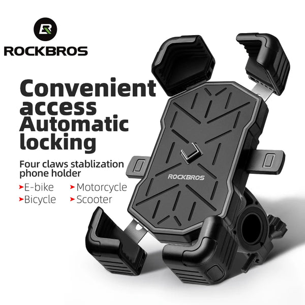 A black ROCKBROS convenient access automatic locking phone holder designed for stabilizing phones on bikes and motorcycles.