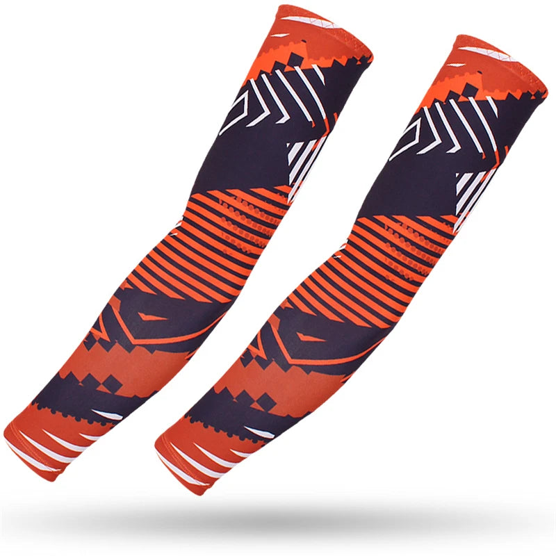 Pair of orange and black patterned sports arm sleeves for UV protection