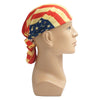 A beige mannequin head wearing a red, white, and blue stars and stripes bandana head wrap.