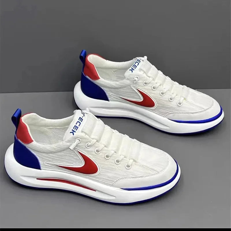 A pair of white and red men's breathable mesh running shoes shown from the side.