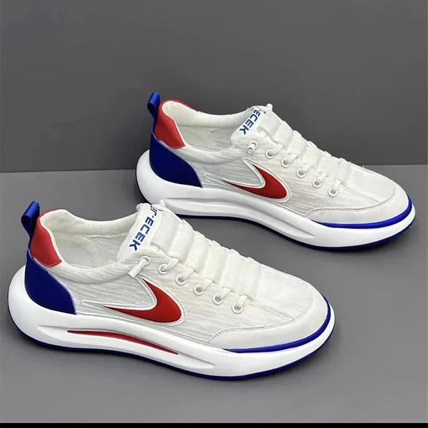 A pair of white and red men's breathable mesh running shoes shown from the side.