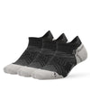 A pair of black and gray breathable performance running socks laid flat.