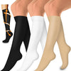 A set of three women's compression socks in black, white, and beige shown on legs.