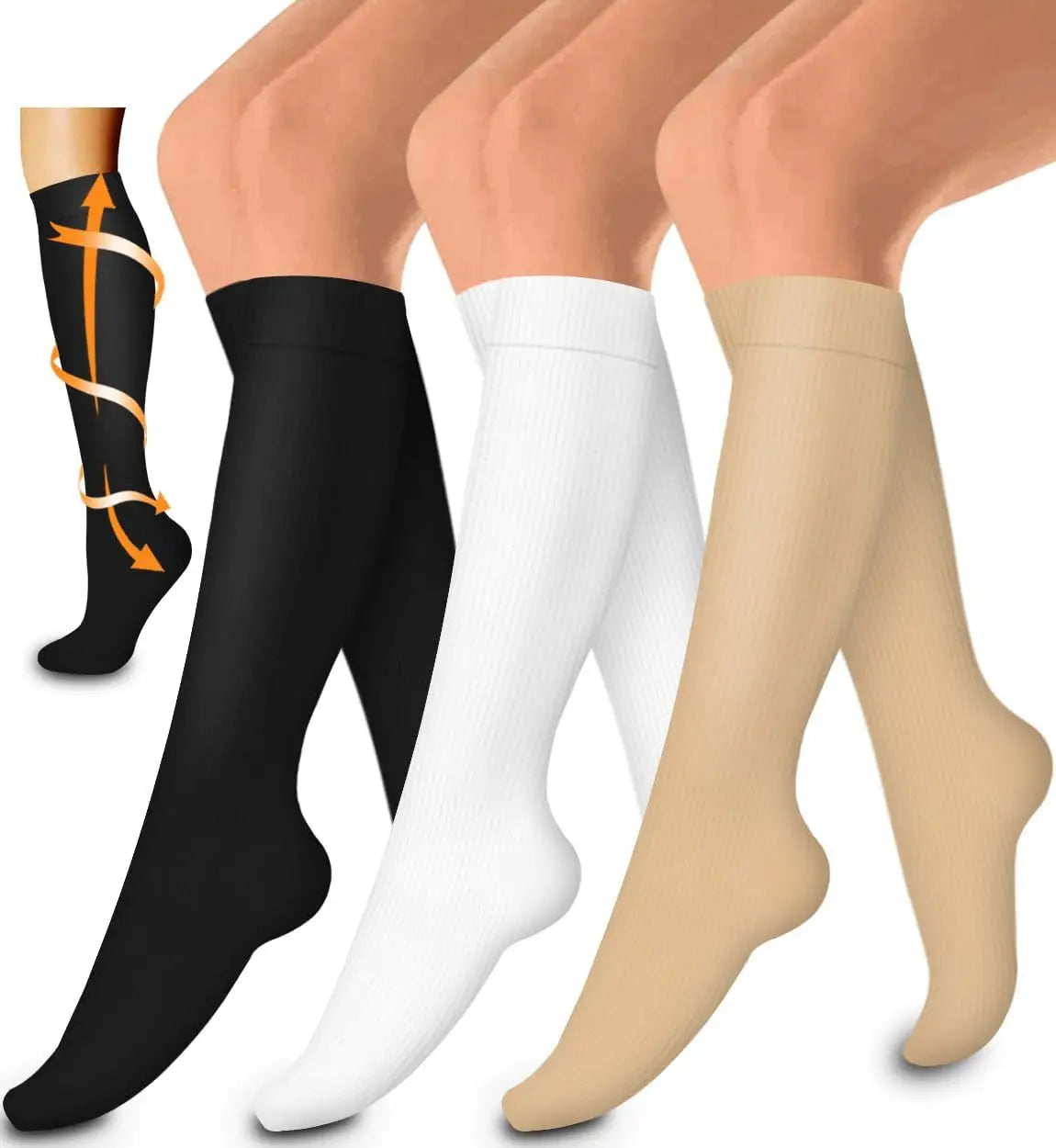 A set of three women's compression socks in black, white, and beige shown on legs.