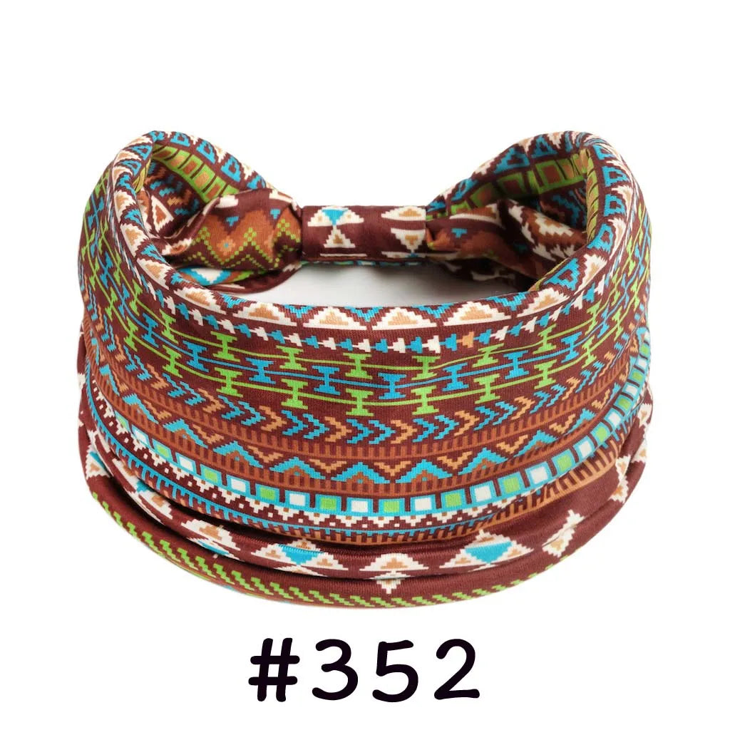 Boho knotted cotton headband in brown and teal geometric pattern