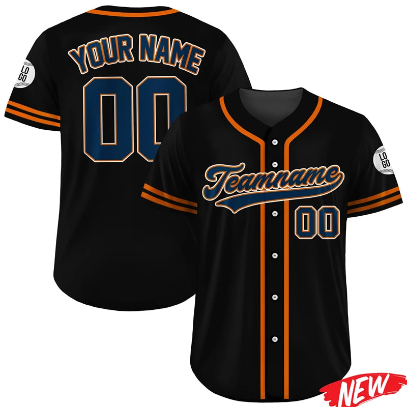Black personalized men's baseball jersey with orange trim and a large number on the back