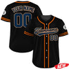 Black personalized men's baseball jersey with orange trim and a large number on the back