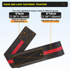 Black adhesive hook and loop fastener on a black fabric strap with red accents