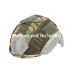A tactical helmet cover made of camouflage fabric and white plastic is shown from above.