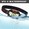 A black headlamp is shown submerged underwater, demonstrating its IPX-6 waterproof rating.